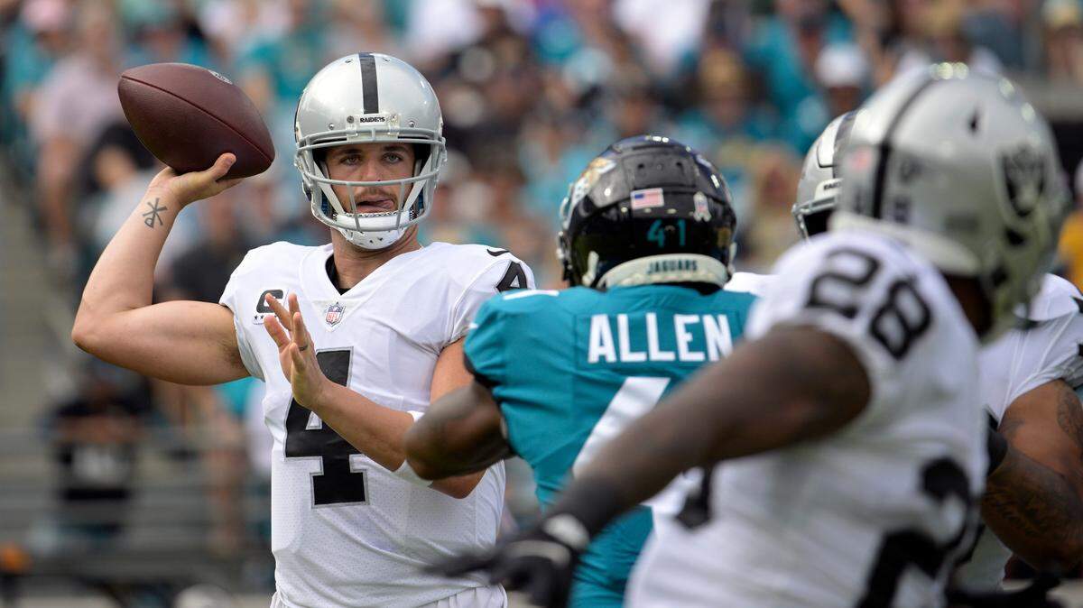 Las Vegas Raiders quarterback Derek Carr (4) passes against the Jacksonville Jaguars in the first half of an NFL football game Sunday, Nov. 6, 2022, in Jacksonville, Fla. (AP Photo/Phelan M. Ebenhack)
