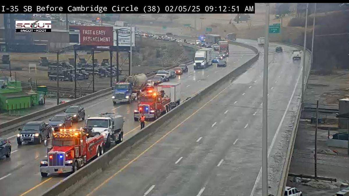 A Kansas City Scout camera shows traffic backed up in the south bound lanes of Interstate 35 just before Cambridge Circle at 9:12 a.m. on Feb. 5, 2025. Icy roads created difficult driving conditions in some areas of the Kansas City metro Wednesday.