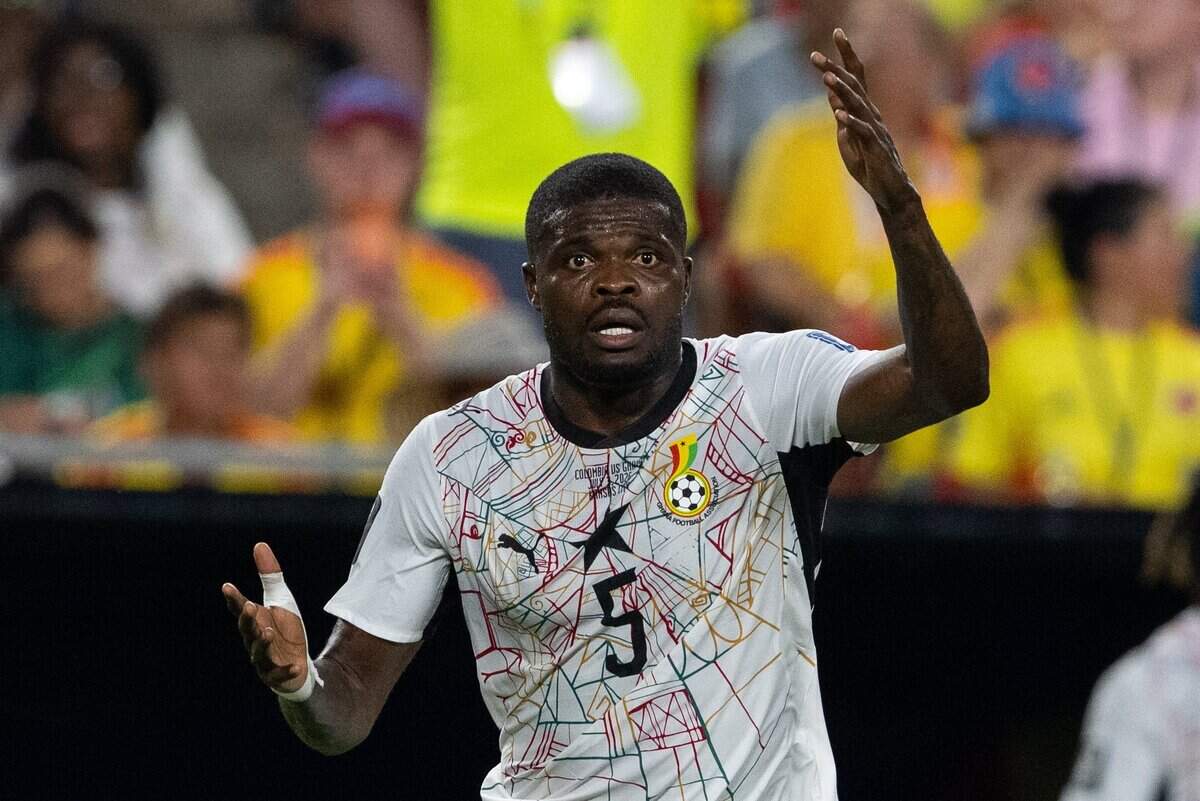Ghana midfielder Thomas Partey (5) tries to get a teammates attention in a 2026 FIFA World Cup Round of 32 soccer match at Kansas City (Arrowhead) Stadium in Kansas City on Friday, July 3, 2026.