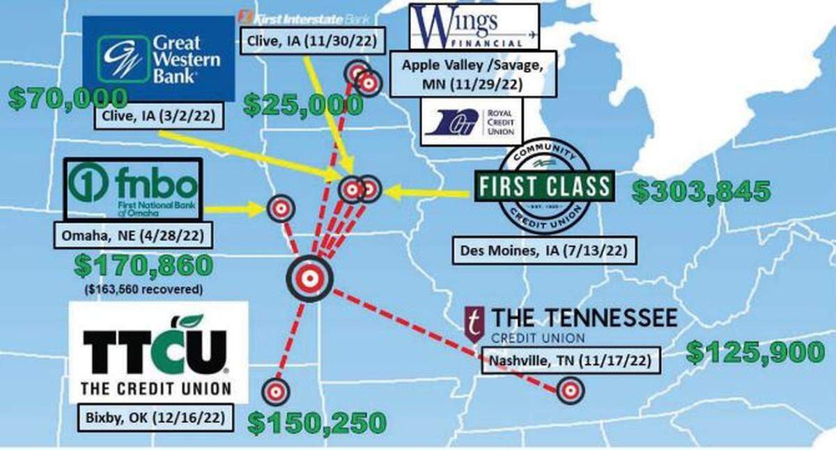 Xaviar Michael Babudar, known as “Chiefsaholic,” allegedly robbed five Midwest banks at gunpoint in 2022, and attempted two other robberies in Minnesota. A graphic included in an affidavit filed July 10 shows the locations of the crimes.