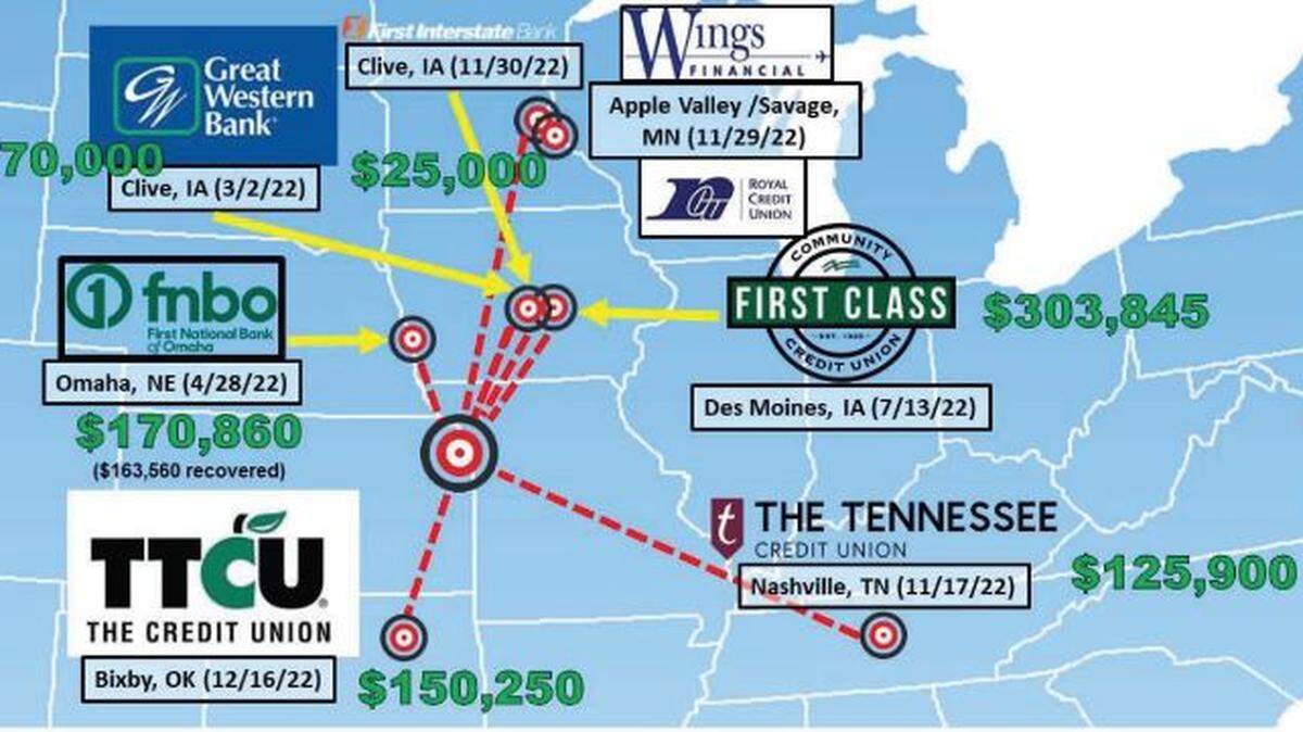 Xaviar Michael Babudar, known as “Chiefsaholic,” allegedly robbed five Midwest banks at gunpoint in 2022, and attempted two other robberies in Minnesota. A graphic included in an affidavit filed July 10 shows the locations of the crimes.