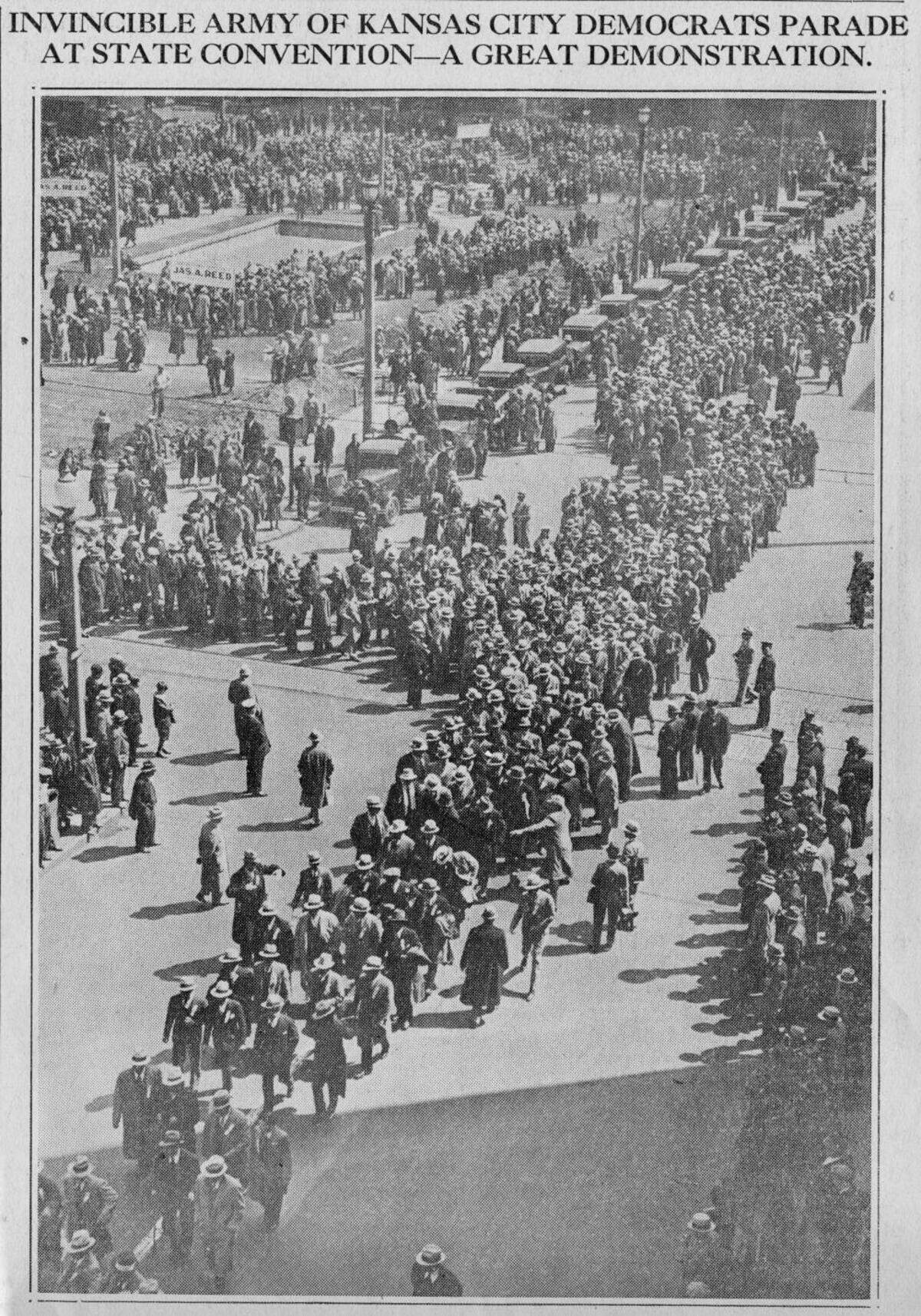 Clipping entitled “Invincible Army of Kansas City Democrats Parade at State Convention - A Great Demonstration” from the Missouri Democrat on April 1, 1932 showing highlights from the Democratic State Convention on March 28th in St. Louis, Missouri. The Missouri Democrat shows its bias in this clipping as a Pendergast-controlled newspaper