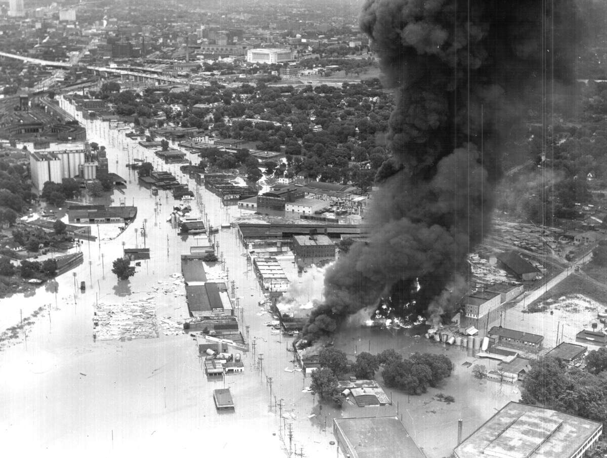 Flood and fire as seen looking northeast along Southwest Boulevard. Union Station is visible in the top center of the image.