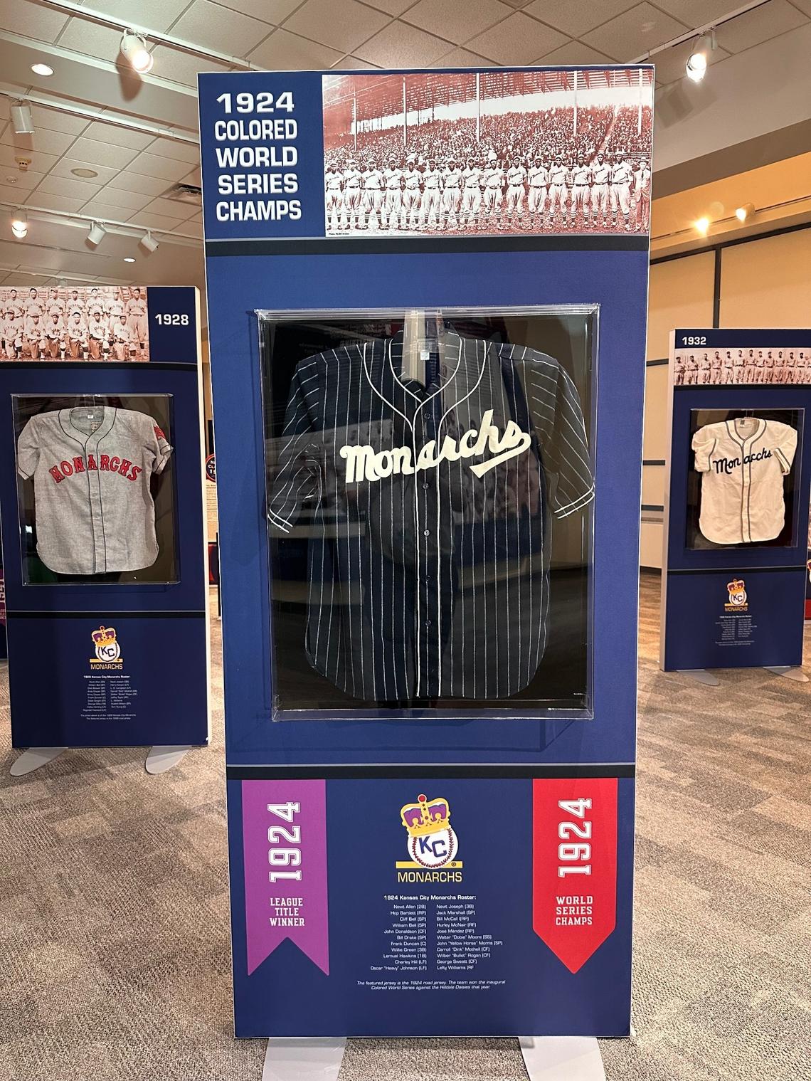 The original jersey worn by the 1924 Colored World Series champion Kansas City Monarchs in a display case as a part of the Negro Leagues Baseball Museum’s “Kings of KC” exhibit.