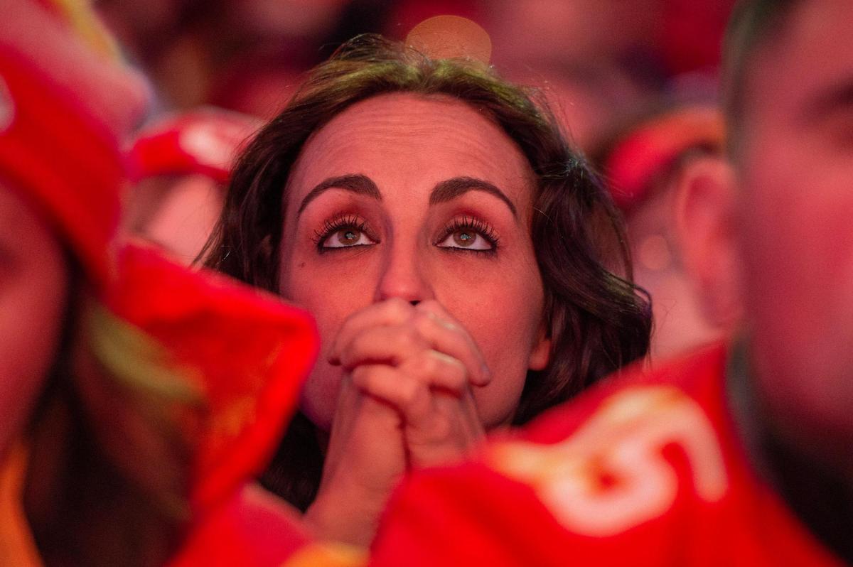 Caity Feeler reacts to a play while watching the Kansas City Chiefs take on the Philadelphia Eagles at the Super Bowl LVII watch party at Power and Light District on Sunday, Feb. 12, 2023, in Kansas City.