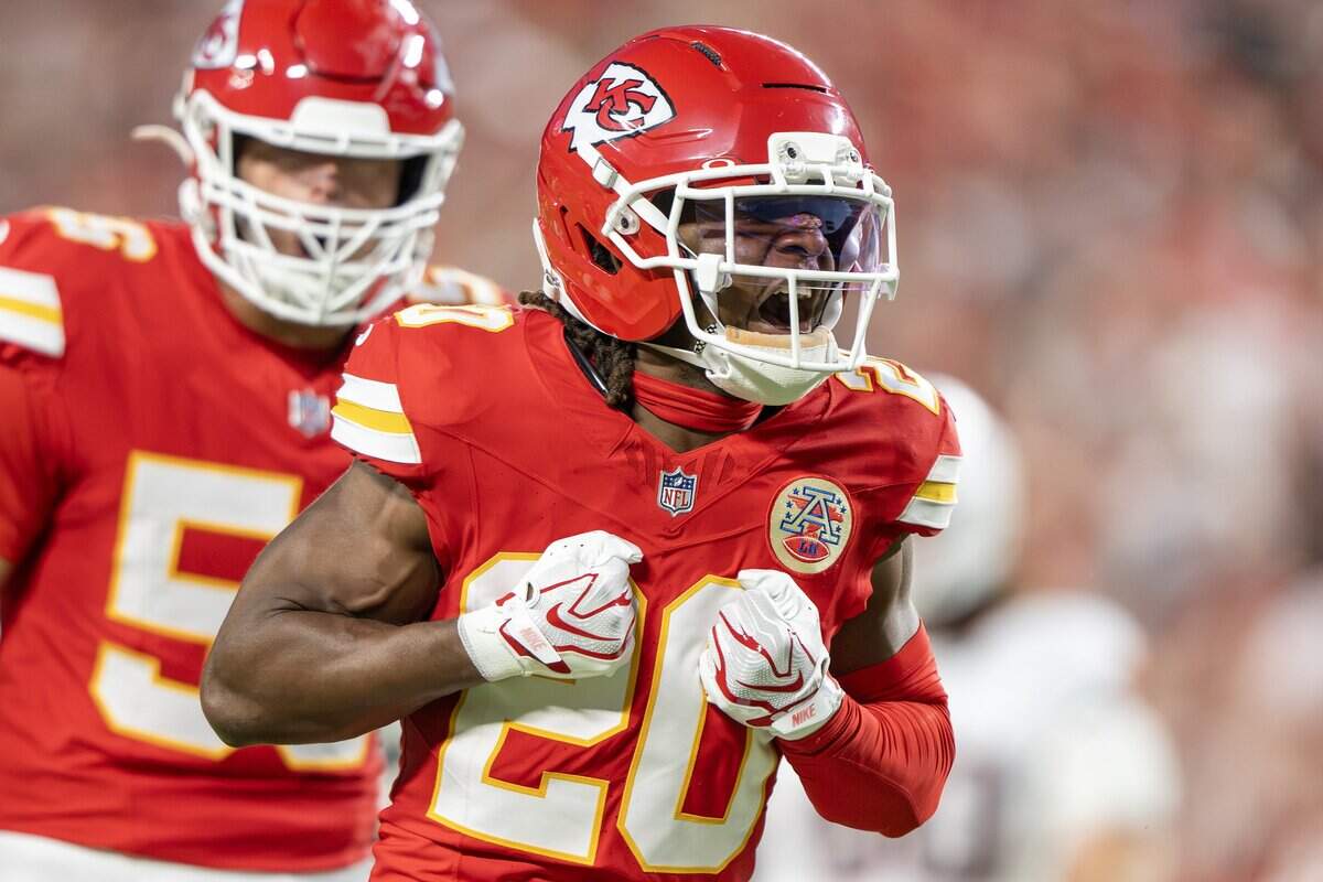 Kansas City Chiefs cornerback Nohl Williams (20) celebrates a tackle in the first quarter during the season opener against the Denver Broncos at Arrowhead Stadium on Monday, Sept. 14, 2026, in Kansas City.