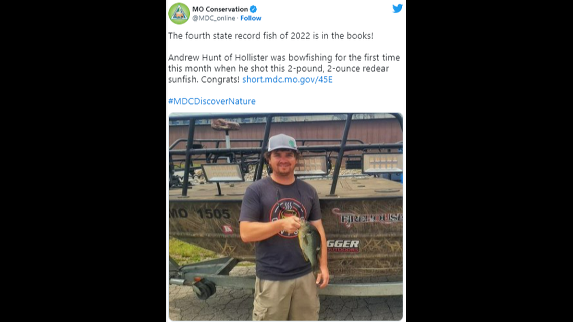Andrew Hunt, of Hollister, with his record-breaking redear sunfish.