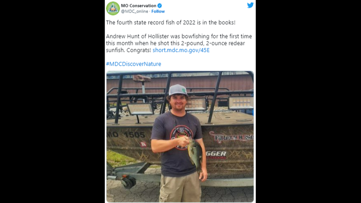 Andrew Hunt, of Hollister, with his record-breaking redear sunfish.