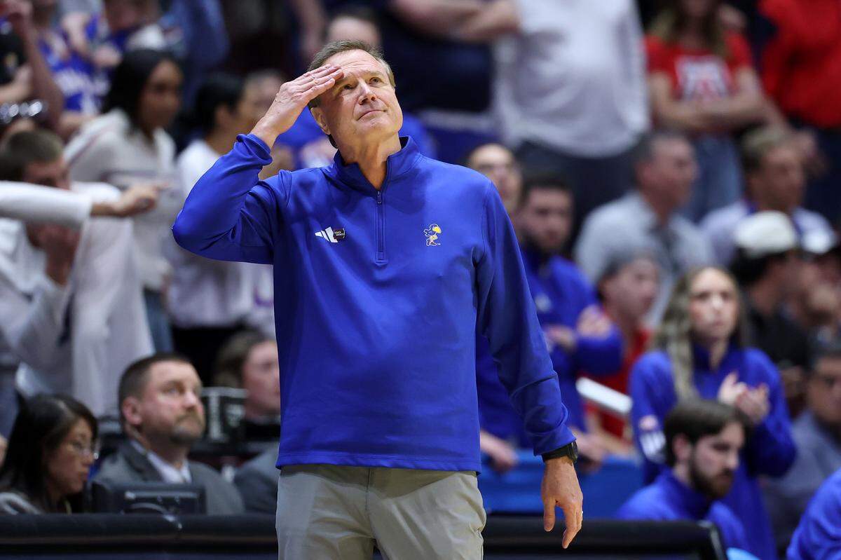 Head coach Bill Self of the Kansas Jayhawks looks on during the second half against the St. John's Red Storm in the second round of the 2026 NCAA Men's Basketball Tournament at Viejas Arena on March 22, 2026 in San Diego.