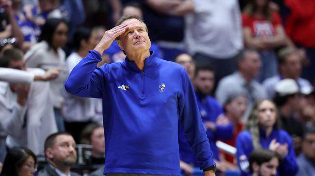Head coach Bill Self of the Kansas Jayhawks looks on during the second half against the St. John's Red Storm in the second round of the 2026 NCAA Men's Basketball Tournament at Viejas Arena on March 22, 2026 in San Diego.