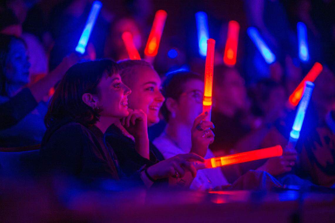 Fans were given colored wands to vote for their favorite dancers at the start of the Red Bull Dance Your Style Midwest Regional Qualifier, on Saturday, April 25, 2026, at the Kauffman Center for the Performing Arts. The results of the contest was decided by crowd vote.