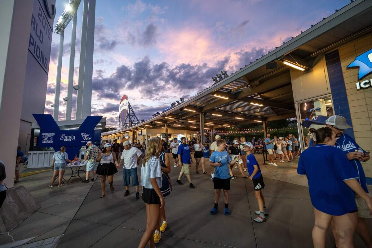 Fans walk around Kauffman Stadium during a game between the Kansas City Royals and the Houston Astros on Friday, June 12, 2026, in Kansas City.