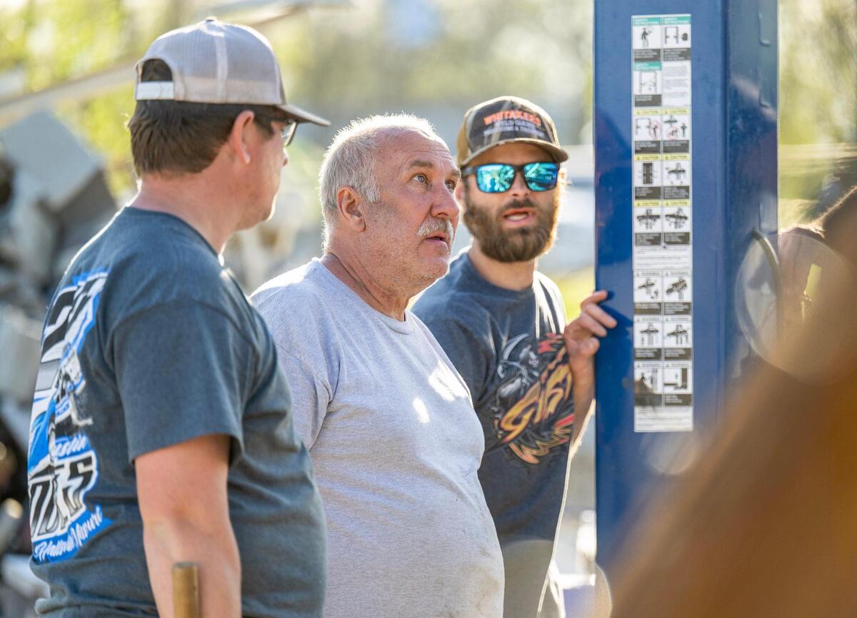 Craig Bott, center, owner of the Moundville Service Station, looks over the devastation after a tornado destroyed the station on Wednesday, April 2, 2025, in Moundville, Missouri.
