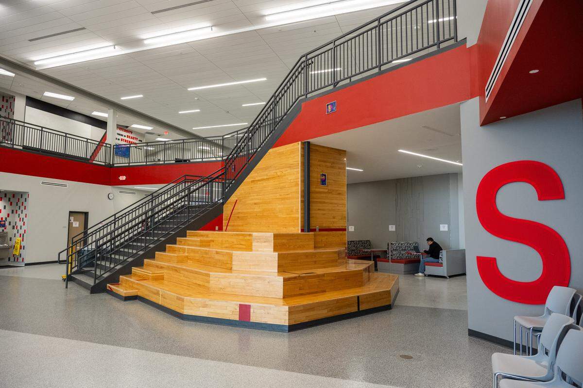 The lunchroom area of Santa Fe Trail Middle School on Friday, February 6, 2026, in Olathe. Olathe Public Schools will hold a bond election in March. The district's last bond helped pay for upgrades to Santa Fe Trail Middle School.
