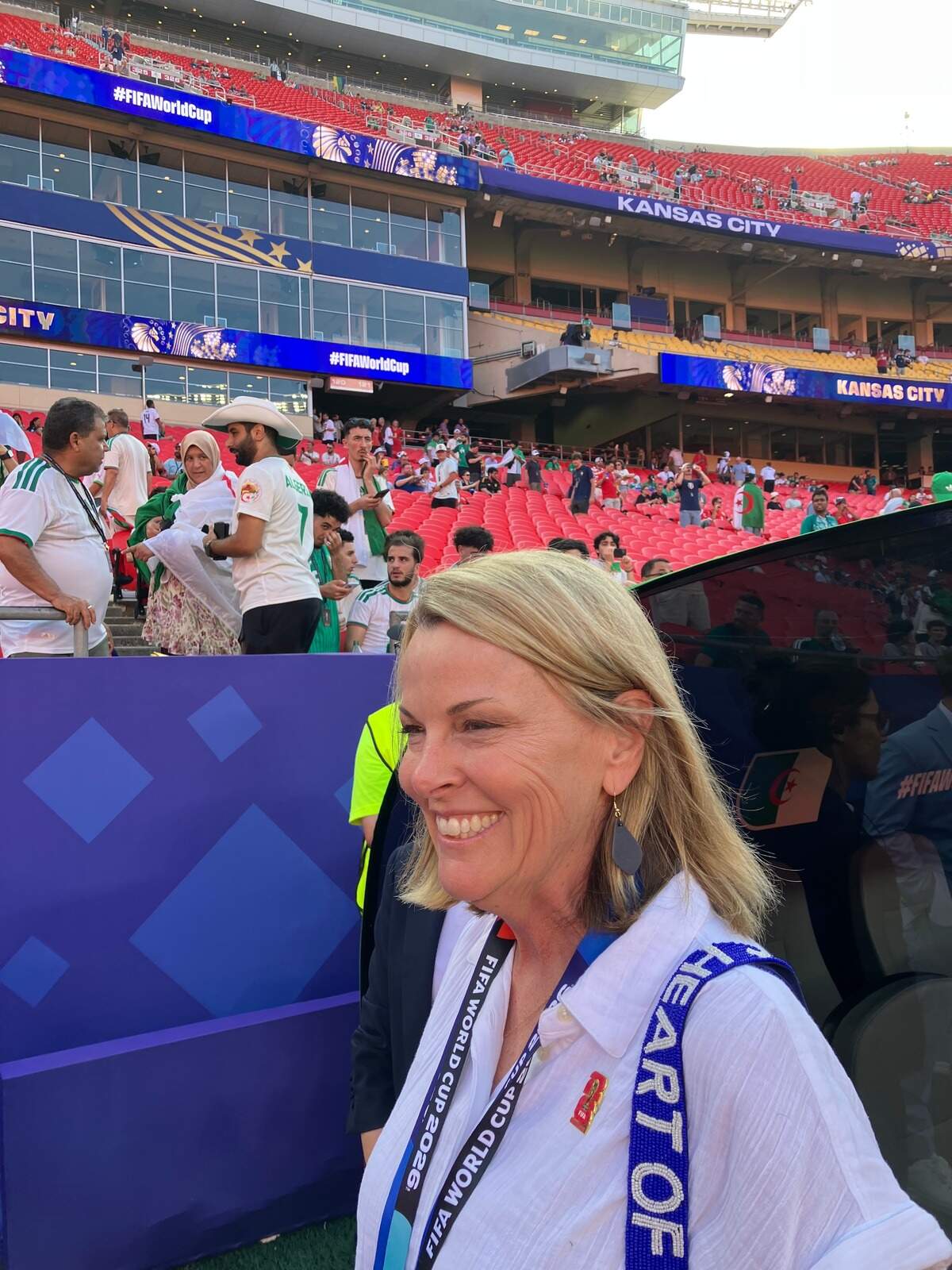 Pam Kramer, CEO of KC2026, during a World Cup match at Kansas City (Arrowhead) Stadium in June 2026.