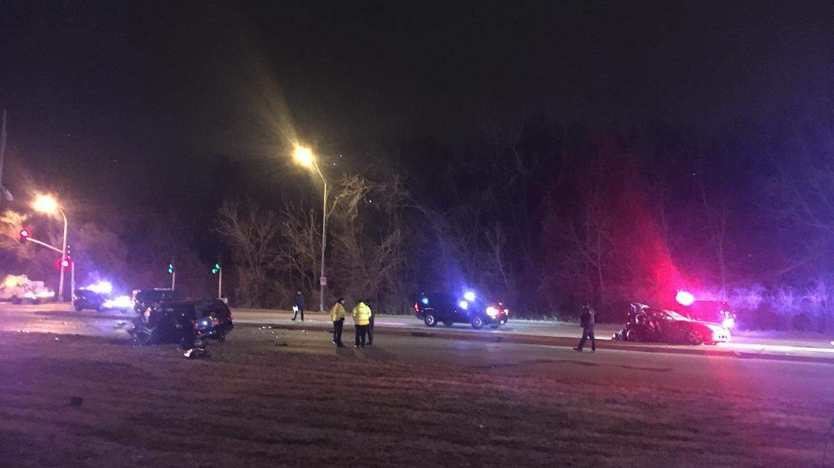 A woman and child riding in a car were struck by a vehicle being pursued by Kansas City police Wednesday, Feb. 19, 2020. The crash happened on Raytown Road at 47th Street.