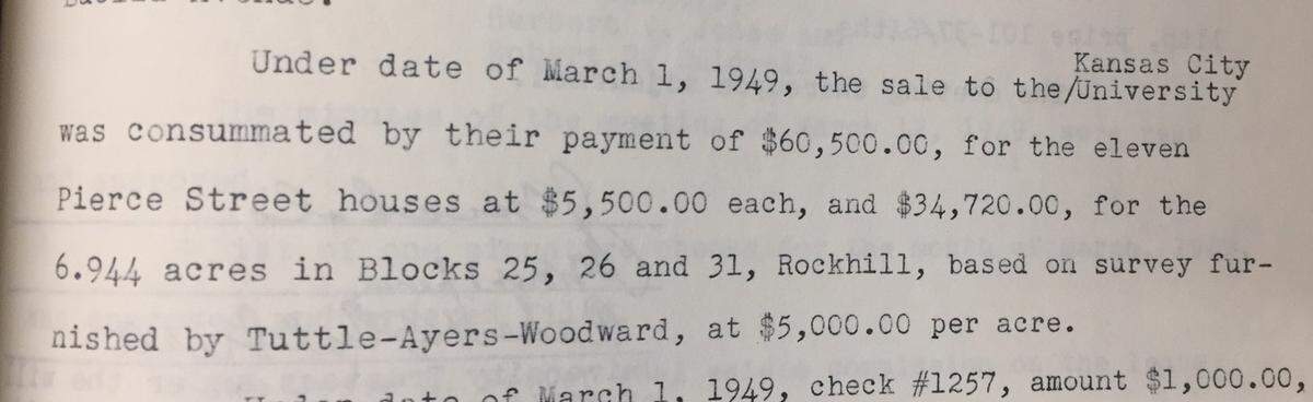 In 1949, UMKC purchased the land on Pierce Avenue from the Nelson Trust, as seen in these 1949 minutes of the sale.