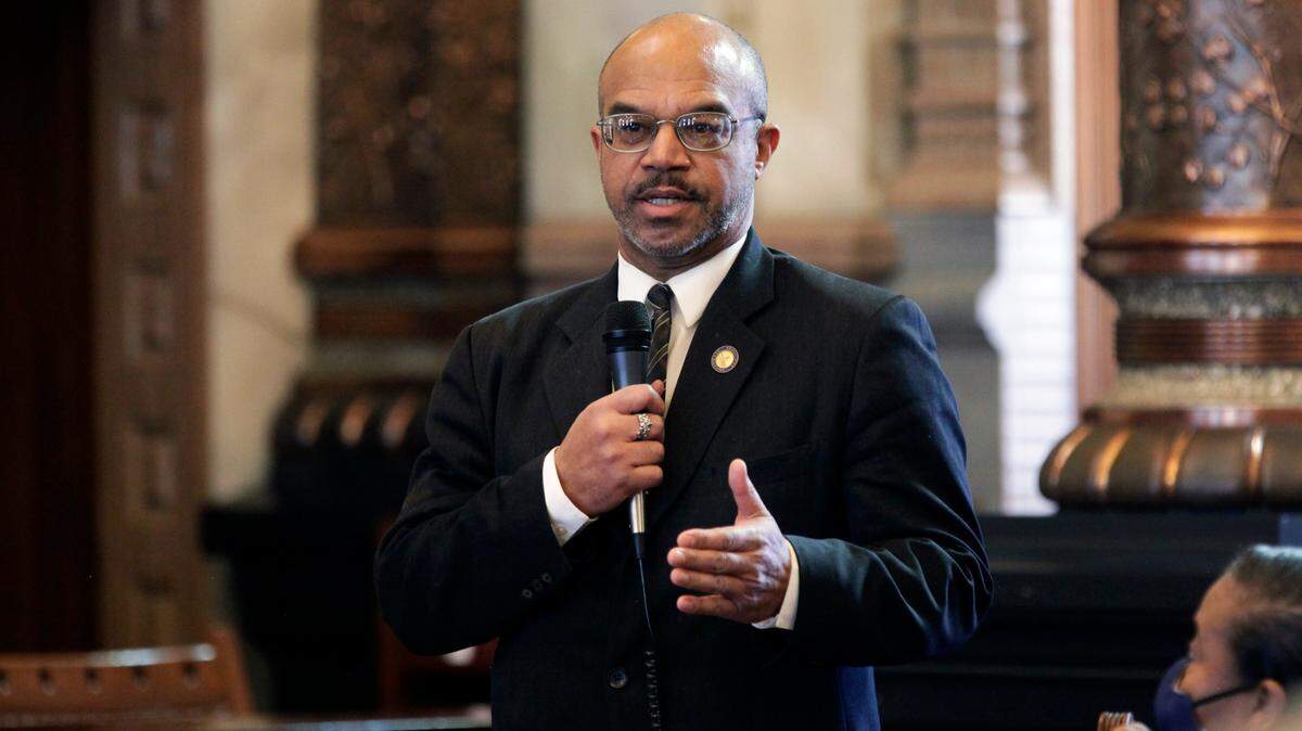 Kansas state Sen. David Haley, D-Kansas City, speaks against overriding Democratic Gov. Laura Kelly’s veto of a Republican redistricting plan, Monday, Feb. 7, 2022, at the Statehouse in Topeka, Kan. The plan makes it harder for the only Democrat in the state’s congressional delegation to win reelection. (AP Photo/John Hanna)