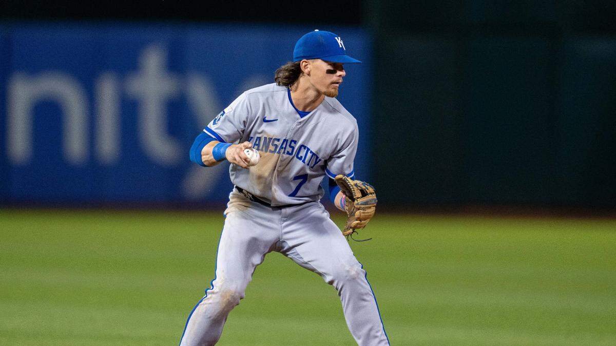 Kansas City Royals shortstop Bobby Witt Jr. (7) throws out Oakland Athletics second baseman Zack Gelof (not pictured) during the sixth inning at Oakland-Alameda County Coliseum on Aug. 21, 2023.