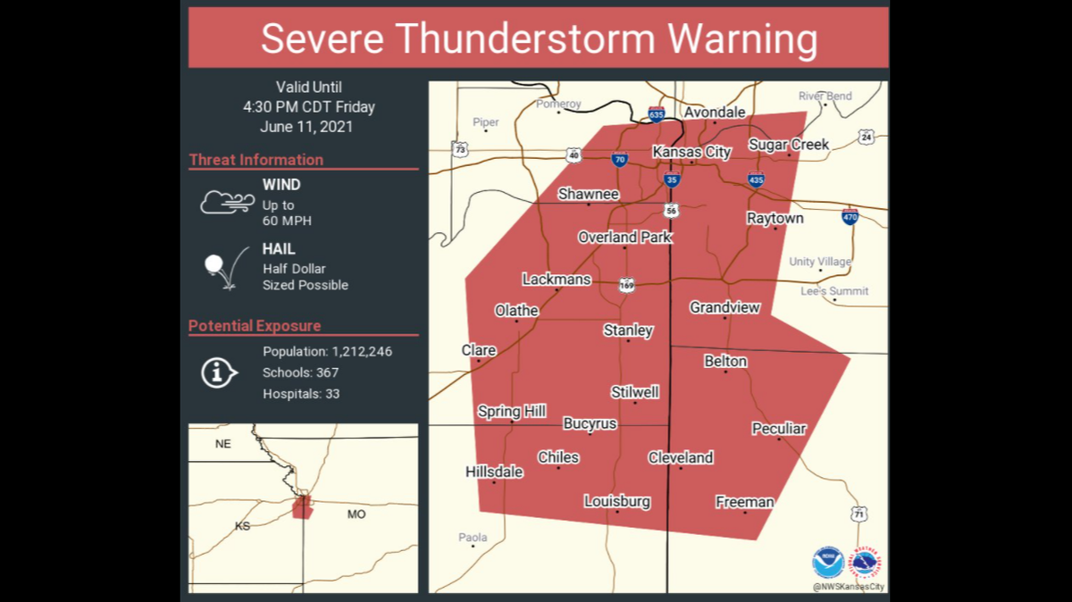 The National Weather Service has issued a severe thunderstorm warning for Kansas City and other surrounding areas.