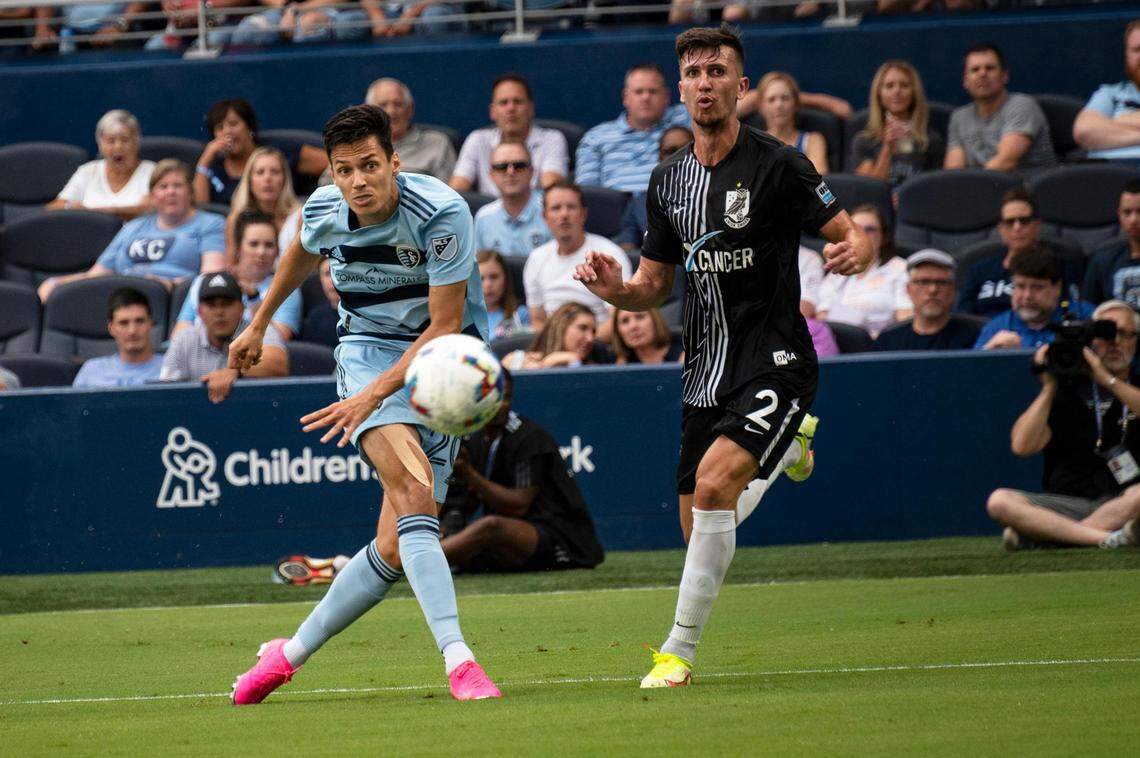 Sporting Kansas City forward Dániel Sallói shoots the ball in the first half the quarter finals of the U.S. Open Cup against Union Omaha on June 22, 2022, at Children’s Mercy Park in Kansas City, KS.