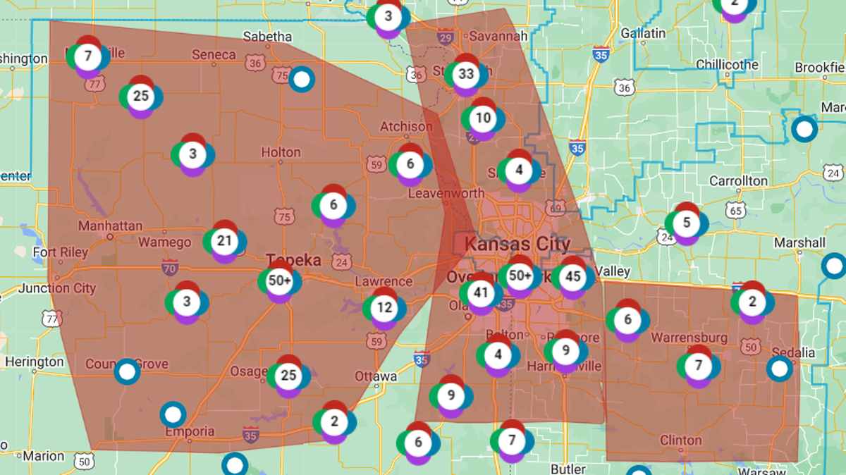 Thousands of people are without power across the Kansas City metro area and beyond after storms rolled through early Wednesday. The Evergy outage map shows outages across the utility’s service area in Kansas and Missouri.