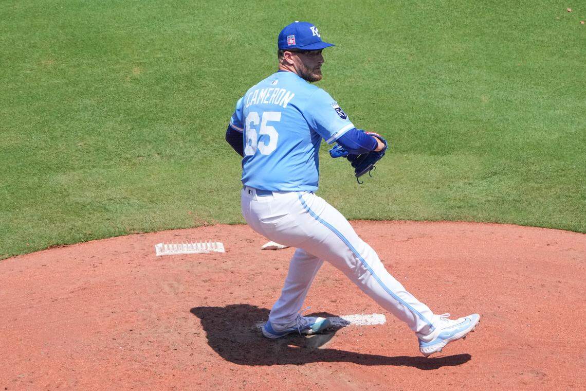 Royals left-hander Noah Cameron pitches against the Cleveland Guardians at Kauffman Stadium in Kansas City on Sunday, July 27, 2025. Cameron got the start and struck out six.