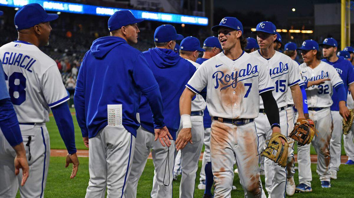 Kansas City Royals shortstop Bobby Witt Jr. (7) celebrates with his teammates after beating the Baltimore Orioles at Kauffman Stadium on May 3, 2023.