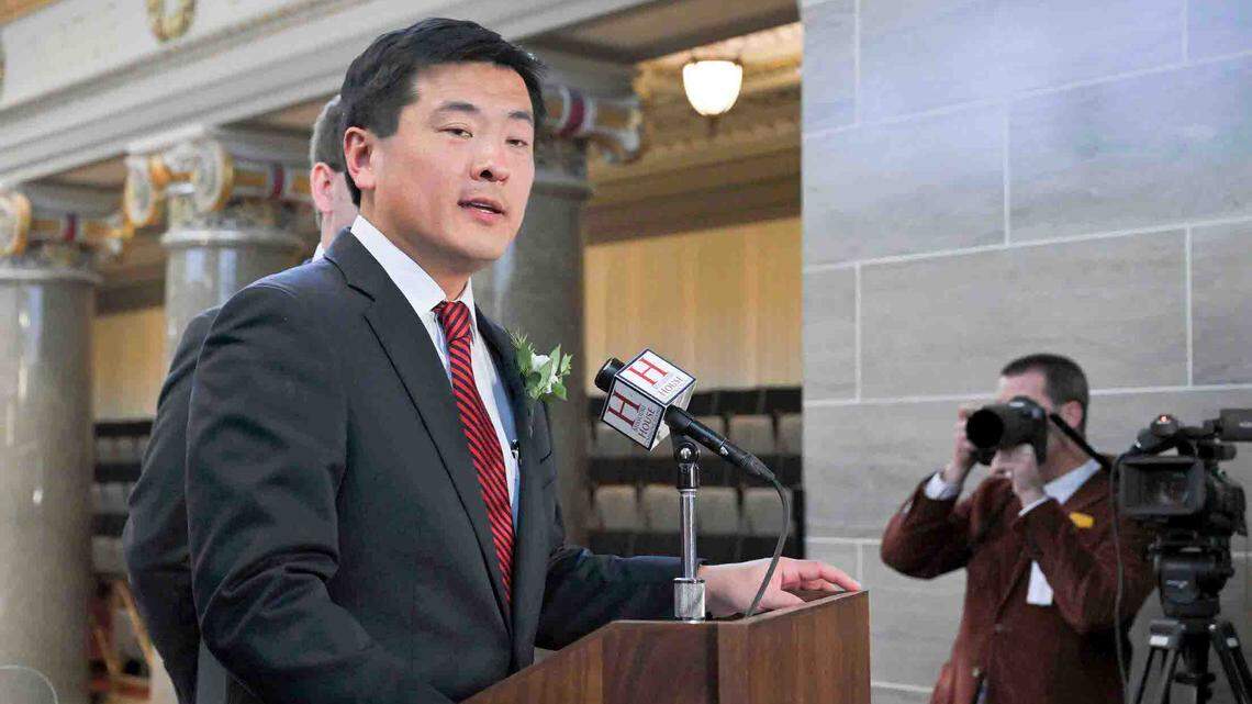 Missouri House Speaker Jonathan Patterson, a Lee’s Summit Republican, speaks with reporters on the opening day of the 2025 legislative session on Jan. 8, 2025.
