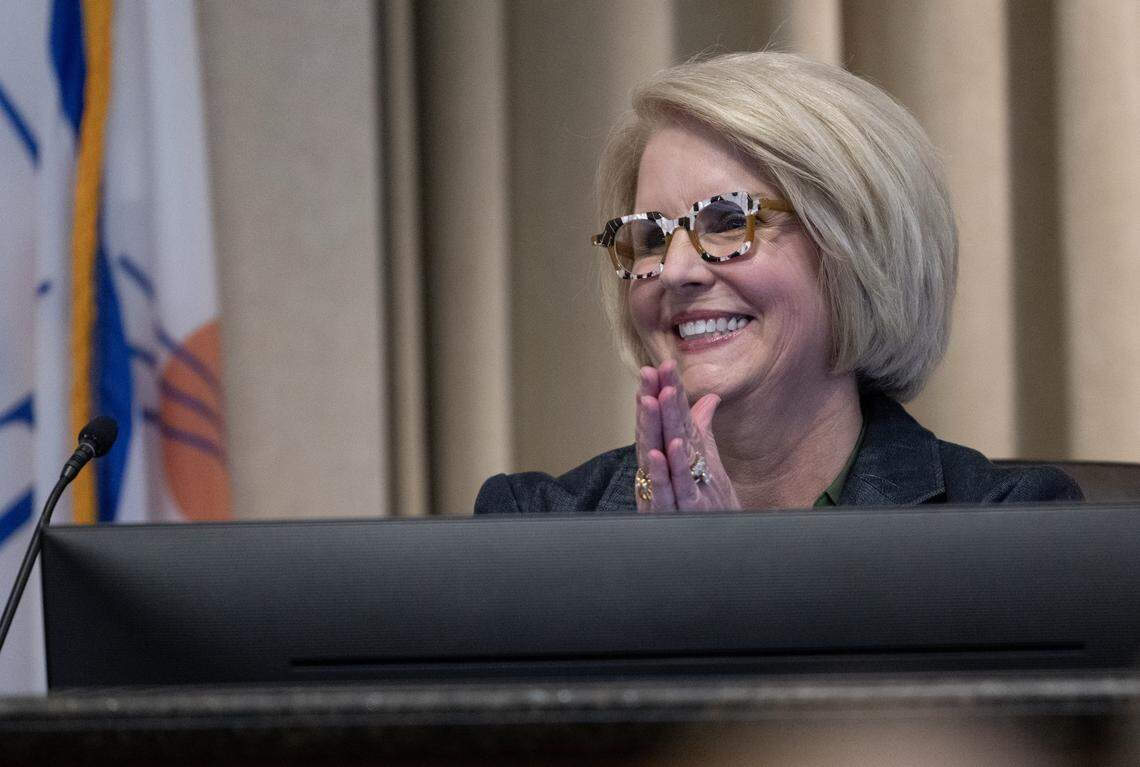 Olathe Councilmember LeEtta Felter of Ward 3 during the Olathe City Council meeting on Tuesday, Feb. 3, 2026, as officials discussed the new Chiefs training facility and the city's proposed pledge of local tax revenue to support the project.