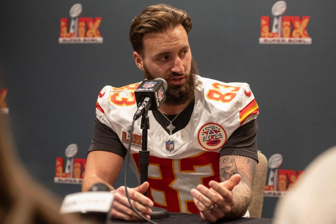 Kansas City Chiefs tight end Noah Gray (83) takes questions from the press during a team media availability at New Orleans Marriott in New Orleans on Tuesday, Feb. 4, 2025.