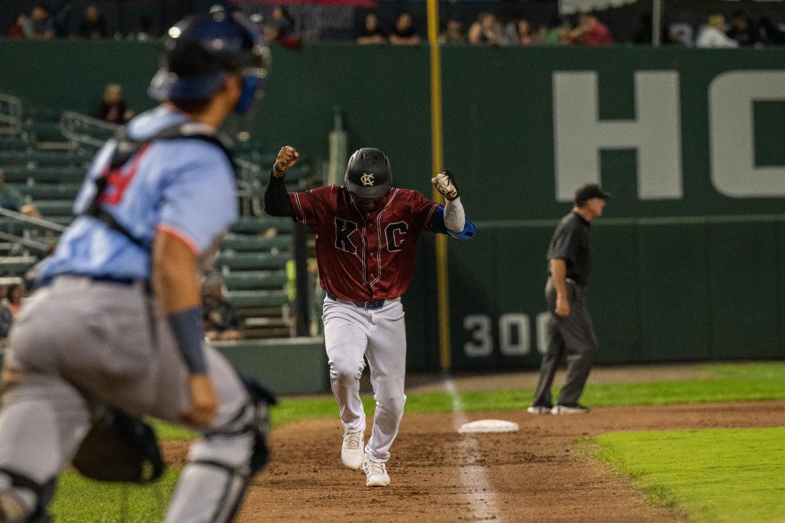 Kansas City Monarchs’ Abiatal Avelino celebrated a base hit that scored a run in the game against the Lincoln Saltdogs Saturday during Kansas Swiftie Monarchs night at Legends Field.