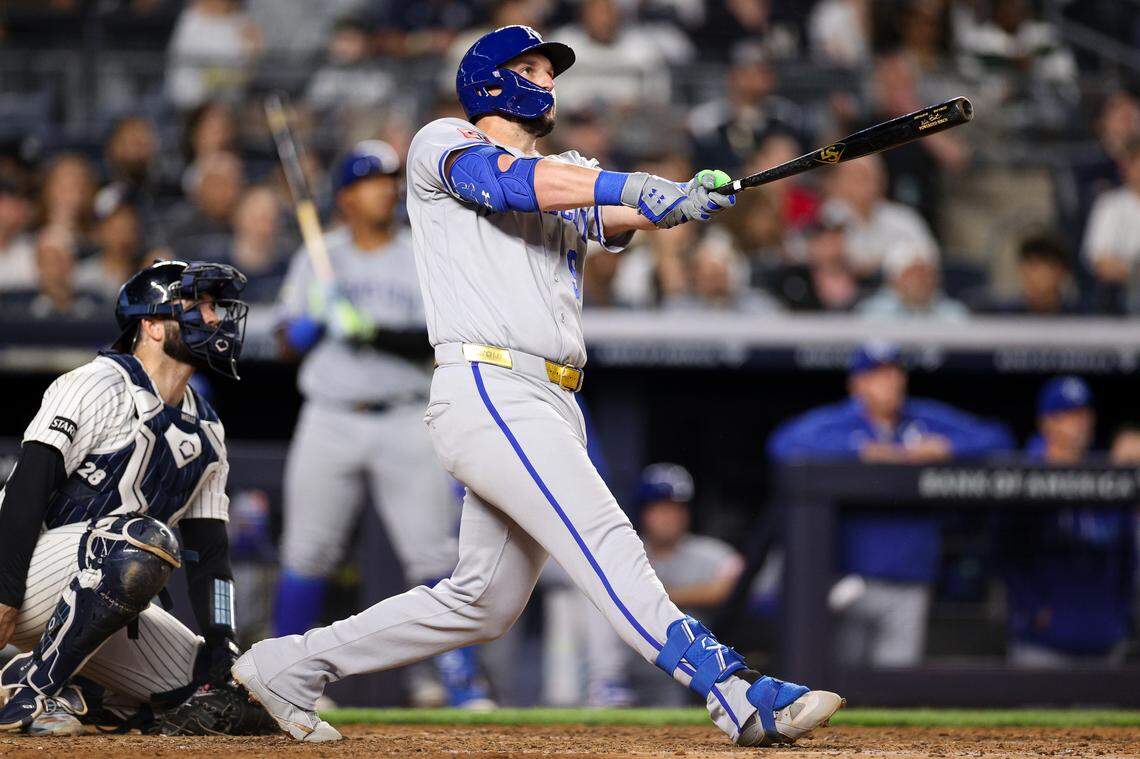 Vinnie Pasquantino #9 of the Kansas City Royals watches his home run against the New York Yankees in the eighth inning at Yankee Stadium on April 17, 2026 in New York City.