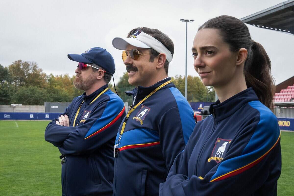 Brendan Hunt, Jason Sudeikis and Tanya Reynolds in "Ted Lasso." Season 4 debuts in August.