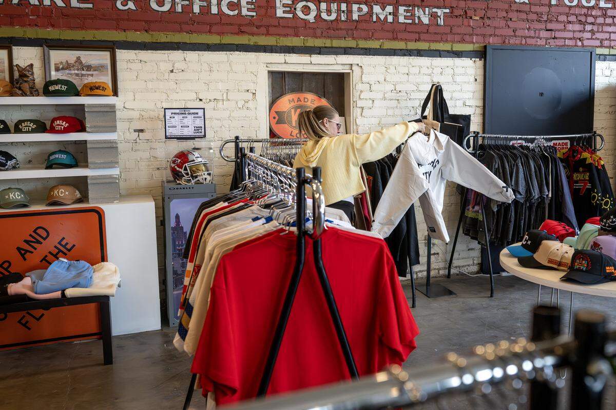 A guest browses a clothing rack at Made Mobb on Wednesday, March 18, 2026, in Kansas City.