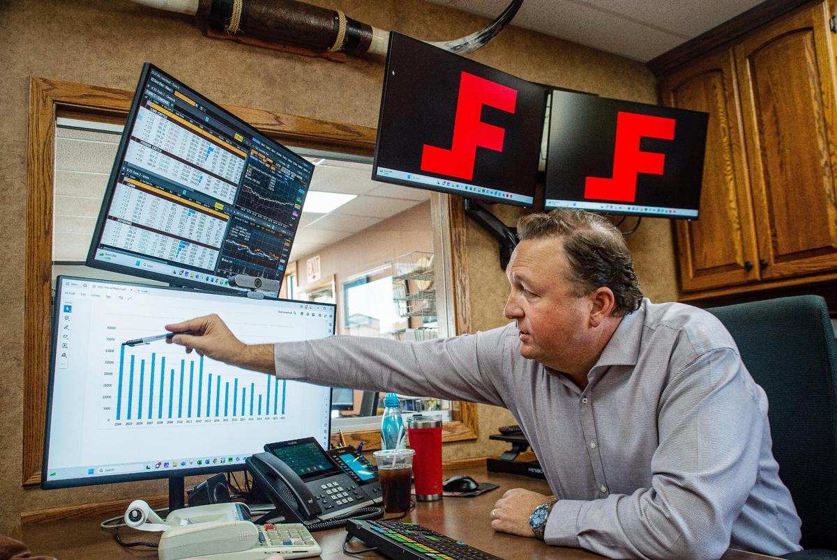 Hoxie Feedyard co-owner Scott Foote explains how the family operation tracks their water usage through the years. The farm and ranch operation is growing supplemental feed crops like triticale to reduce the amount of water they draw from wells.