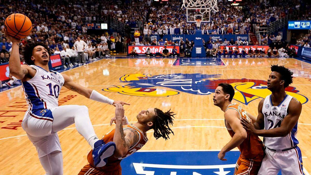 Kansas forward Jalen Wilson shoots over Texas’ Christian Bishop during the first half of Monday’s game on Feb. 6, 2023, at Allen Fieldhouse.