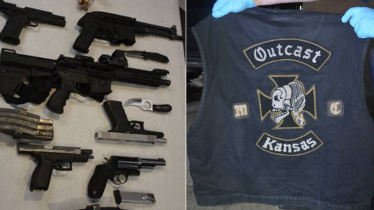Kansas City, Kan., police arrested two people this weekend with narcotics and weapons who are members of the Outcast Motorcycle Club.
