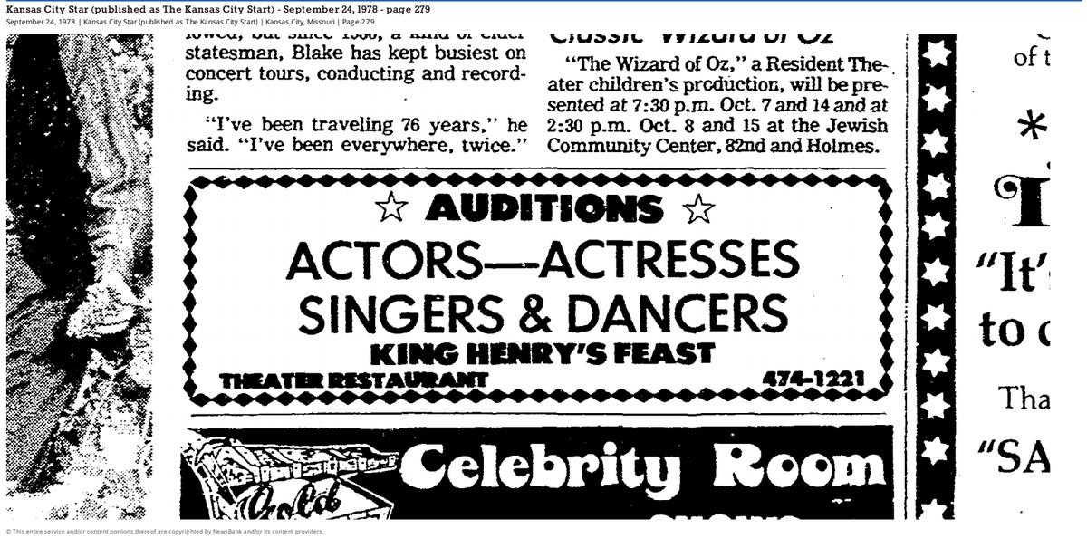 An advertisement in The Star appeared in 1978, promoting the dinner theater.