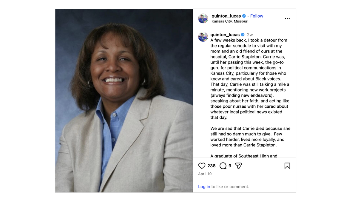 Kansas City Mayor Quinton Lucas posted a tribute to Carrie Stapleton on Instagram after her death on April 18.
