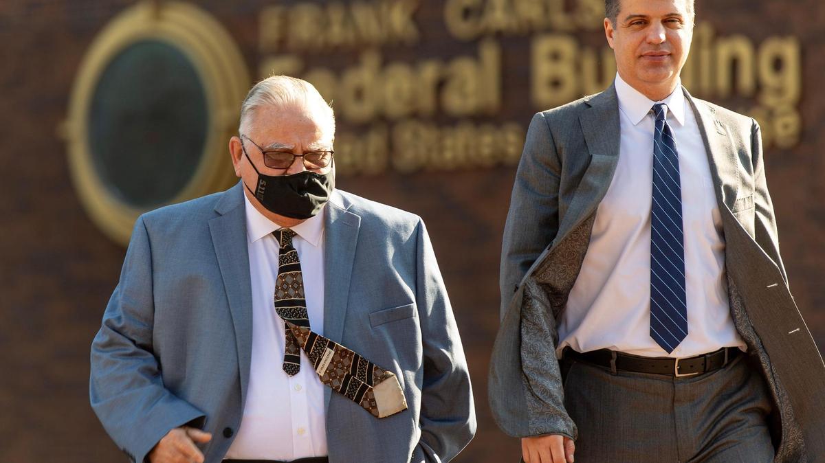 Former Kansas City, Kansas, police detective Roger Golubski leaves the federal courthouse with his attorney Chris Joseph after his hearing on Wednesday, Sept. 20, 2023, in Topeka, Kan.