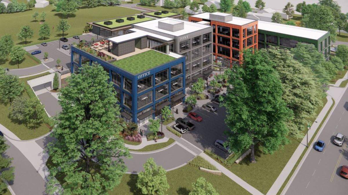 An artist’s rendering of a new office and retail development proposed for 50th Street and Rainbow Boulevard in Westwood, where the Joe D. Dennis Park, a former church and the former Westwood View Elementary School are now located.