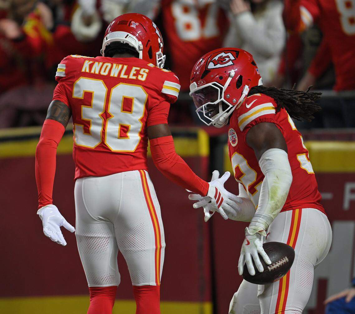 Kansas City Chiefs linebacker Nick Bolton (32) celebrates an interception with Kansas City Chiefs cornerback Kevin Knowles (38) in the first quarter of the game against the Denver Broncos at GEHA Field at Arrowhead Stadium on Thursday, Dec. 25, 2025.