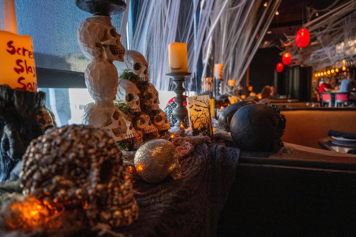 Halloween trinkets  fill Cafe Trio, whose owners go all out for the holiday.