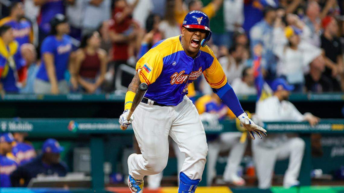 Venezuela catcher Salvador Perez reacts after an hitting an RBI double during the fifth inning against the USA at LoanDepot Park in Miami on March 18, 2023.