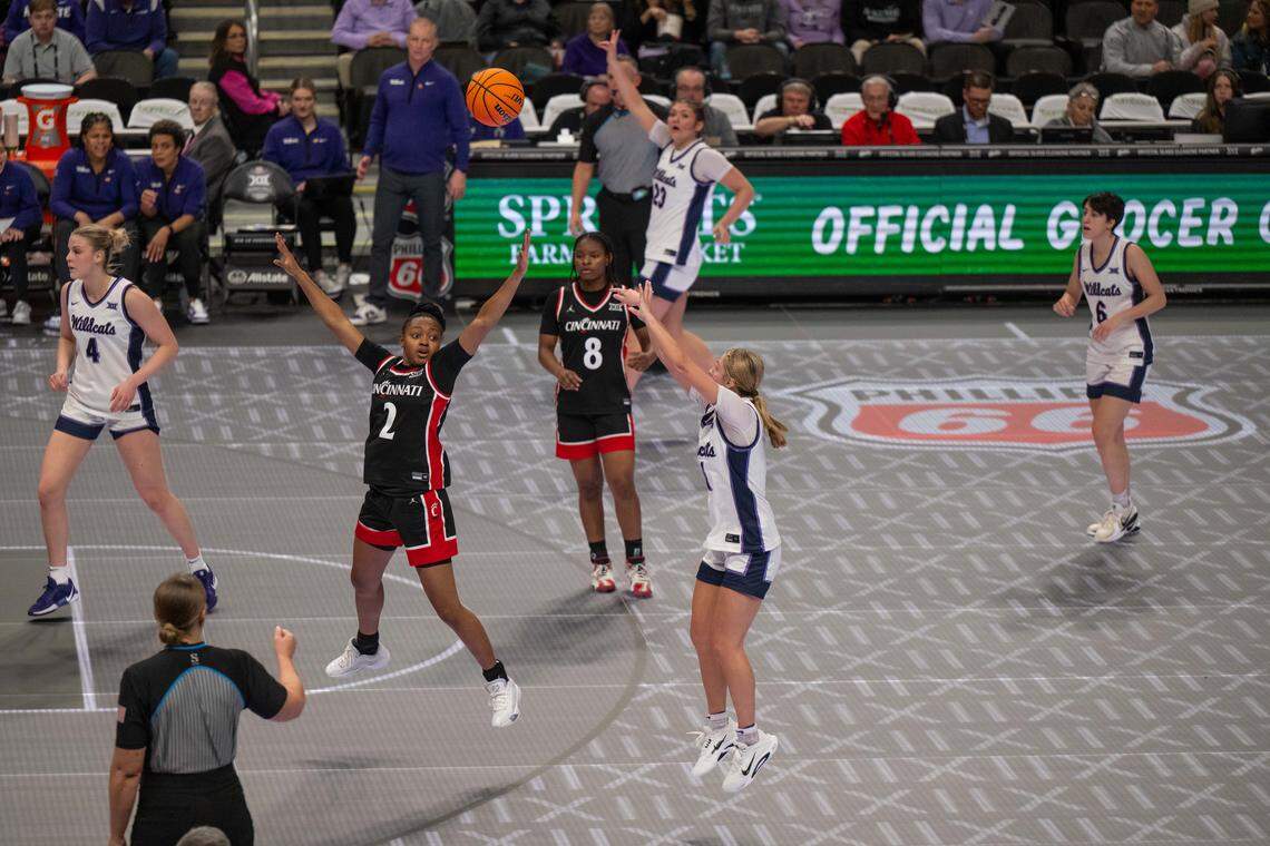 Kansas State Wildcats guard Taryn Sides (11) makes a 3-pointer in the second half of the Wildcats’ first round game vs. the Cincinnati Bearcats in the Big 12 Women’s Basketball Tournament on Wednesday, March 4, 2026, at T-Mobile Center.