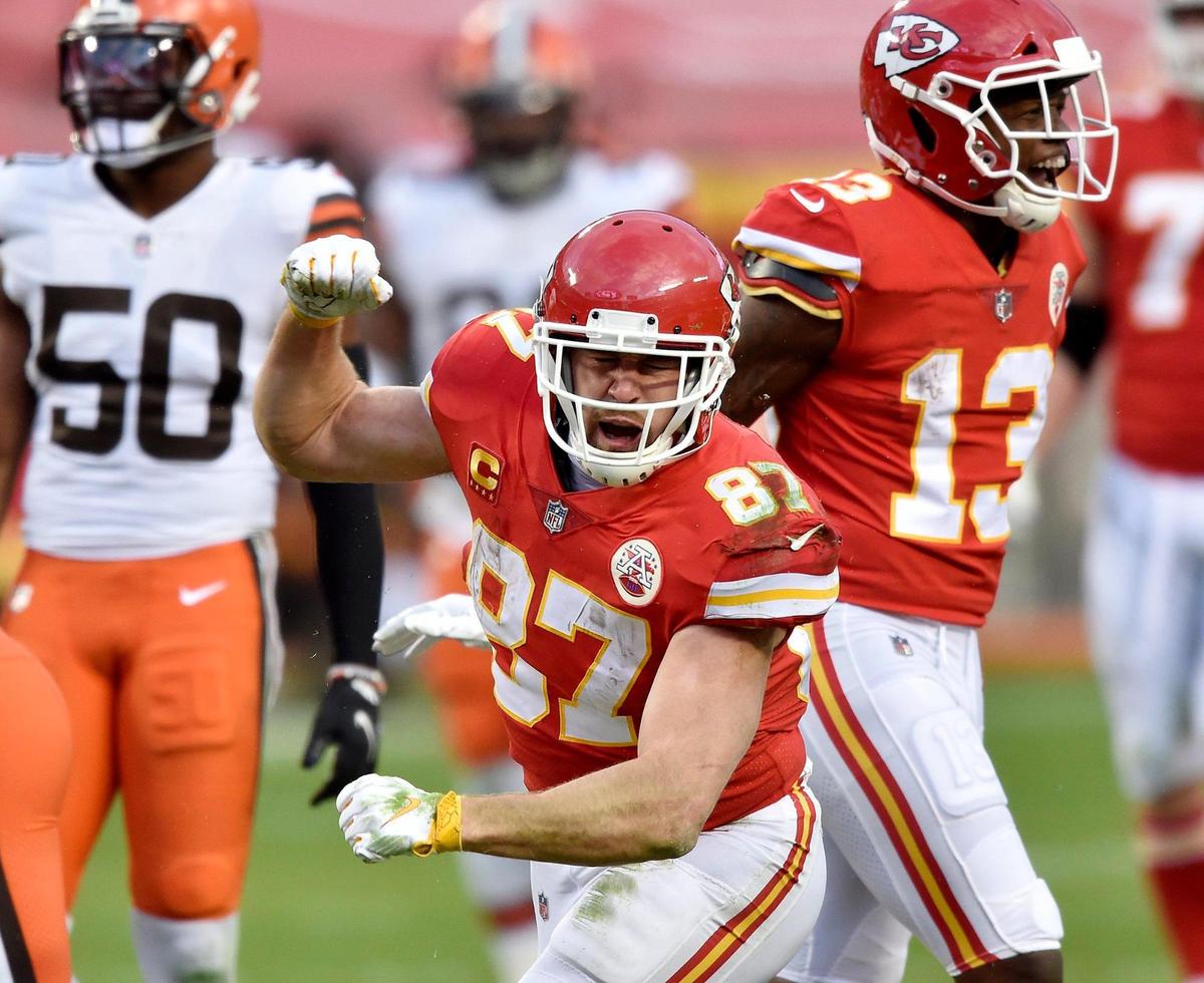 Kansas City Chiefs tight end Travis Kelce celebrates after getting a first down in the fourth quarter of the AFC Divisional Playoff game between the Chiefs and the Cleveland Browns at Arrowhead Stadium Sunday, Jan. 17, 2021. The Chiefs defeated the Browns 22-17.