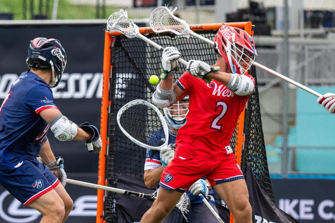 Andrew McAdorey of Team West takes a behind-the-back shot in the second quarter of the Lexus Men’s Lacrosse League All-Star Game at CPKC Stadium on Saturday, July 5, 2025.