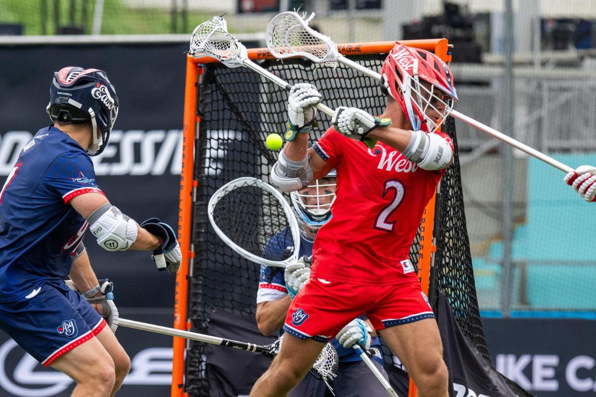 Andrew McAdorey of Team West takes a behind-the-back shot in the second quarter of the Lexus Men’s Lacrosse League All-Star Game at CPKC Stadium on Saturday, July 5, 2025.