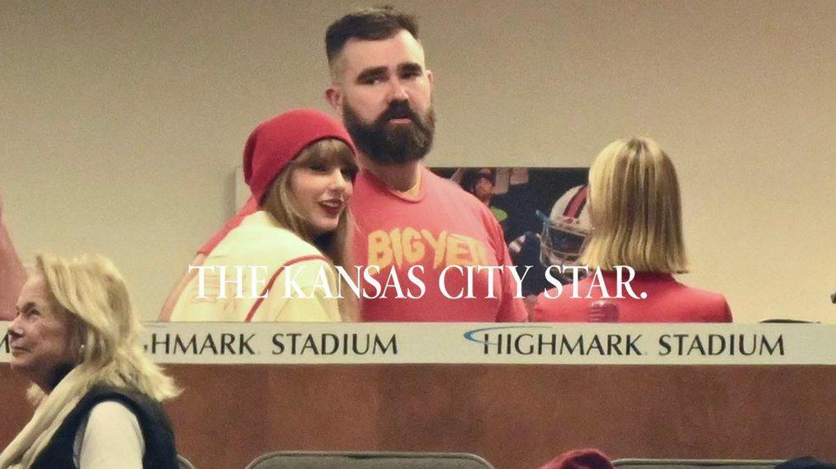 Taylor Swift, seen here with boyfriend Travis Kelce’s brother, Jason Kelce, at the Chiefs-Bills playoff game, is the biggest celebrity Chiefs fan at the moment.
